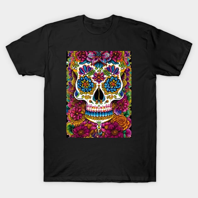 Sugar Skull Art - Skull on Bed of Flowers T-Shirt by ImaginativeInkPOD